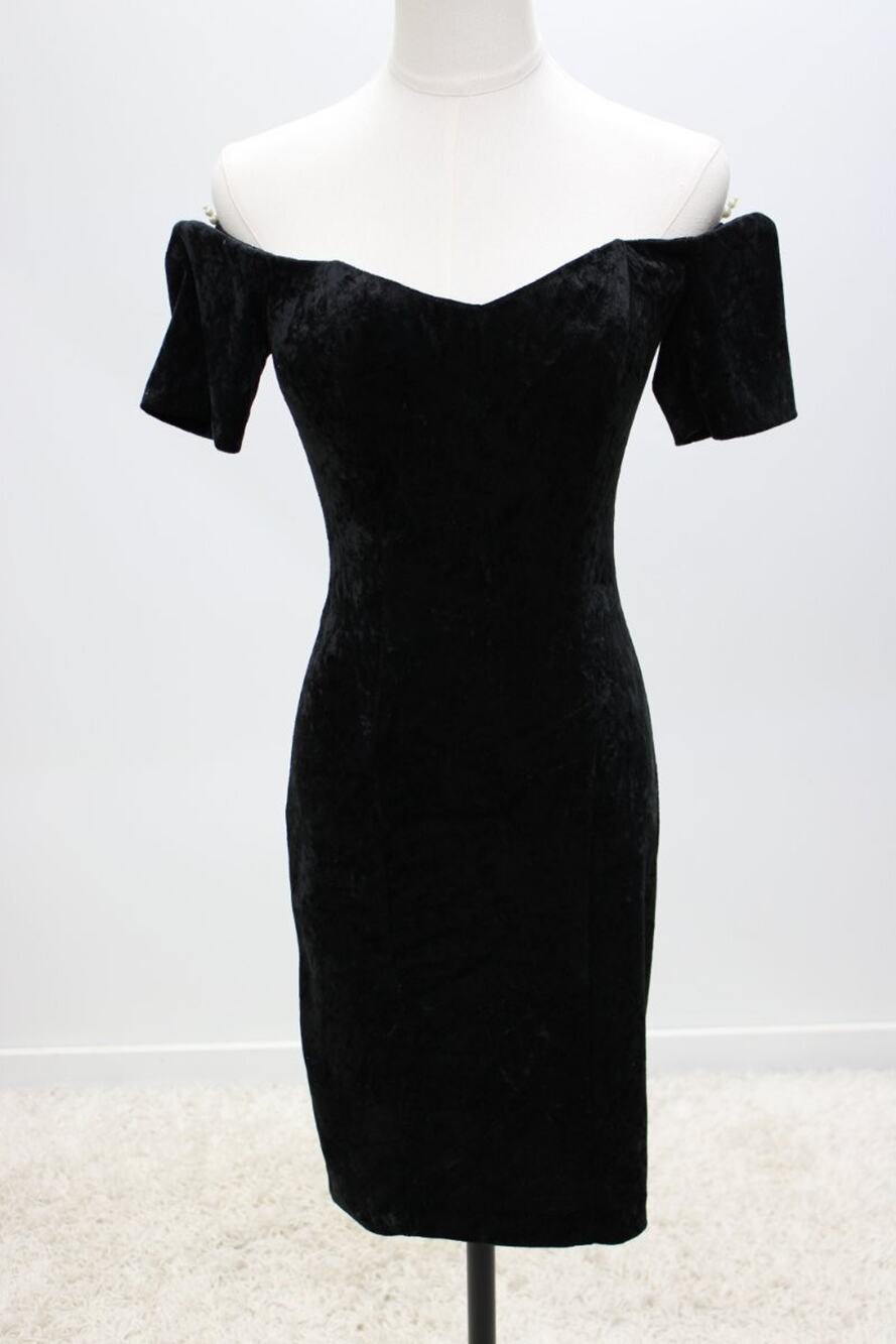 VTG All that Jaxx Black Crushed Velvet Velour Dress Small Off the Shoulder Goth